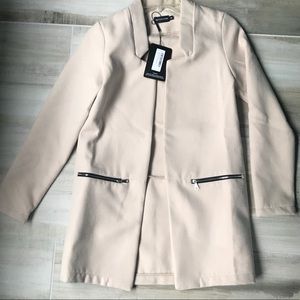 Cream zipper pocket suede coat